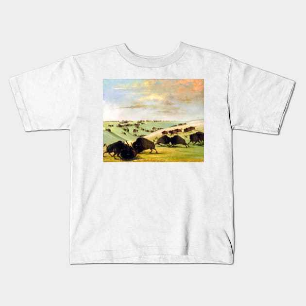 George Catlin Buffalo Bulls Fighting in Running Season, Upper Missouri Kids T-Shirt by pdpress